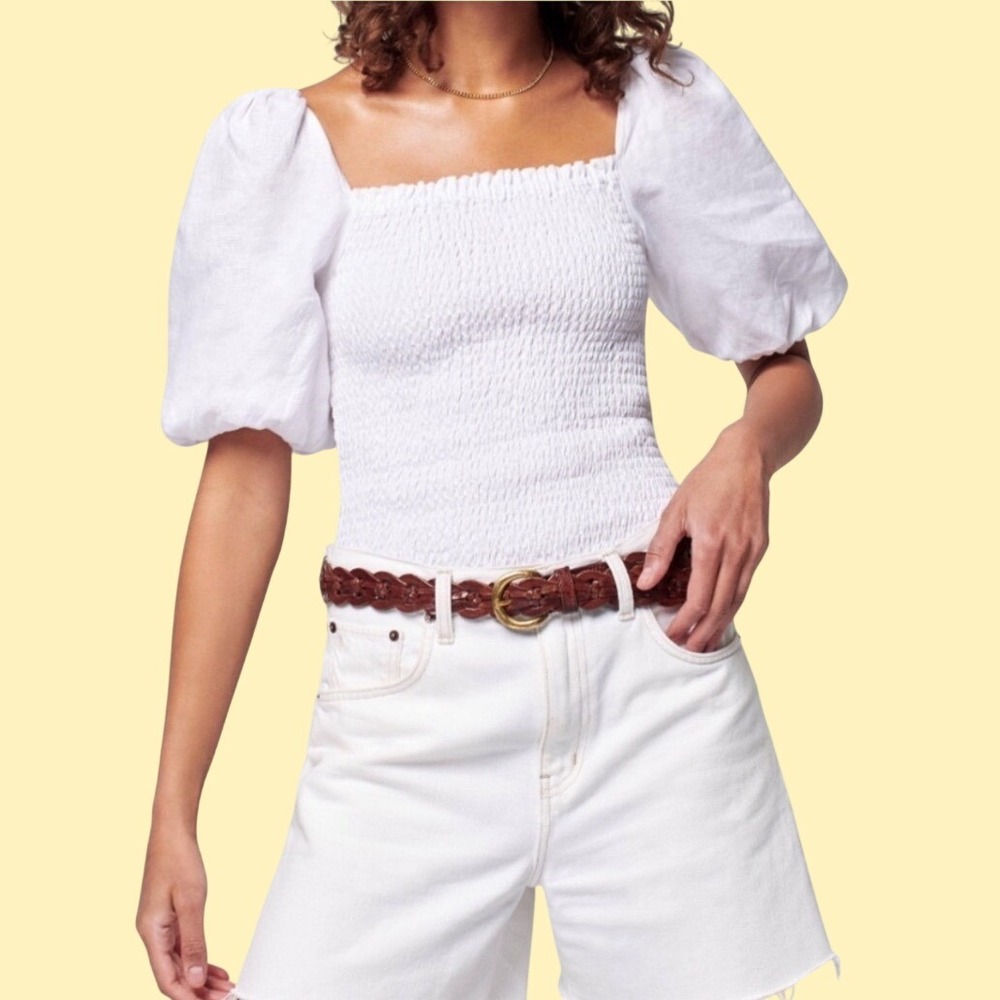 Faherty White 100% Linen Smocked Puff Sleeve Crop Top Square Neck Large